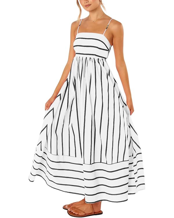 chouyatou Women's Striped Back Smocked Maxi Dress Sexy Spaghetti Strap Cut Out Flowy Swing Long D... | Amazon (US)