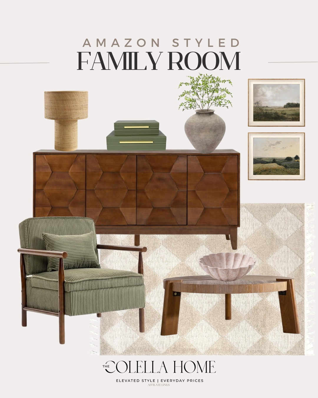 Amazon family room includes sideboard, accent chairs, coffee table, decorative bowl, area rug, wall art, table lamp, decorative boxes, vase, greenery stems.

Home decor, styled home, looks for less, living roomm

#LTKvlog #LTKHome #LTKSeasonal