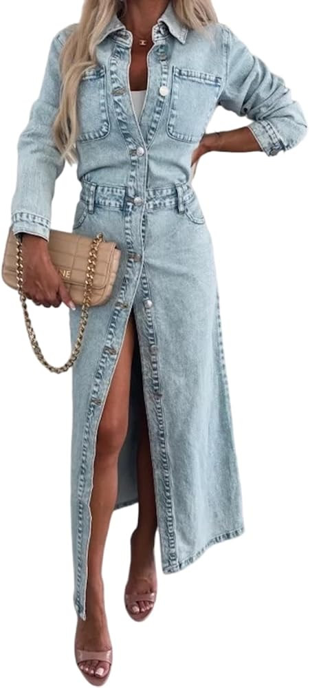 yoeasy Womens Button Down Denim Dress Fall Trendy Long Sleeve Bodycon Denim Maxi Dress Casual A L... | Amazon (US)