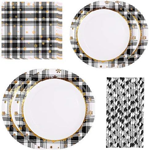ANECO 148 Pieces Black and White Plaid Party Supplies Party Tableware Paper Plates Paper Straws a... | Amazon (US)