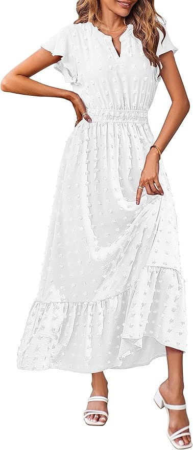 MEROKEETY Women 2024 Summer Flutter Short Sleeve V Neck Swiss Dot Smocked A Line Tiered Maxi Dres... | Amazon (US)