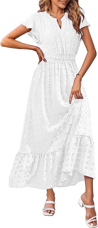 MEROKEETY Women 2024 Summer Flutter Short Sleeve V Neck Swiss Dot Smocked A Line Tiered Maxi Dres... | Amazon (US)