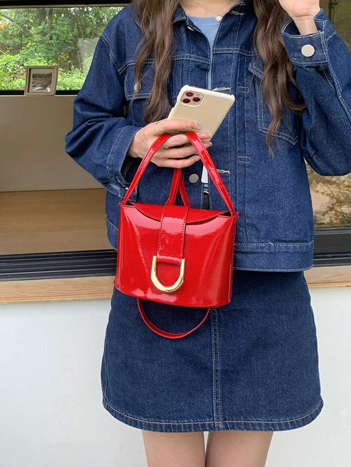 One Vintage Patent Leather Mini Bucket Bag With Horseshoe Buckle, Fashionable Shoulder Bag/Crossb... | SHEIN