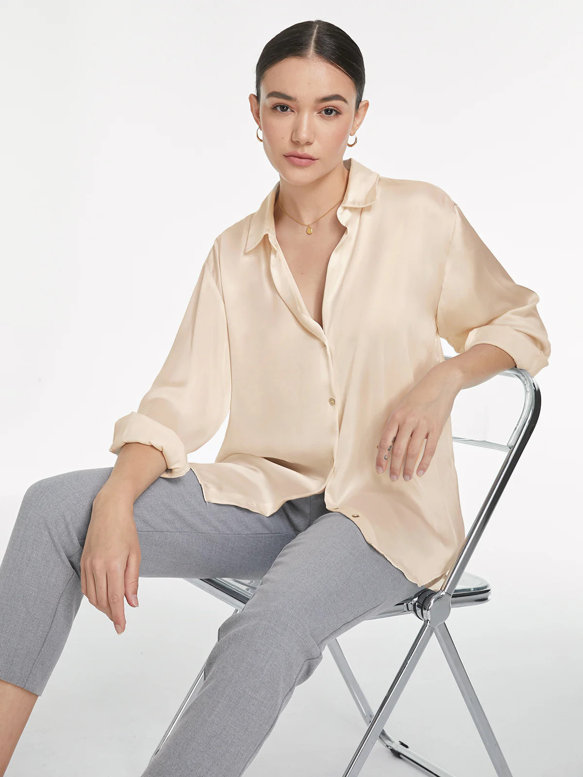 Relaxed Flowy Satin Button Up Shirt | Commense