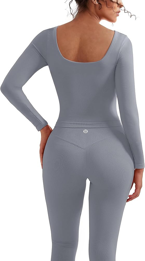 SUUKSESS Women 2 Piece Workout Sets High Waisted Seamless Leggings Active Long Sleeve Tops | Amazon (US)