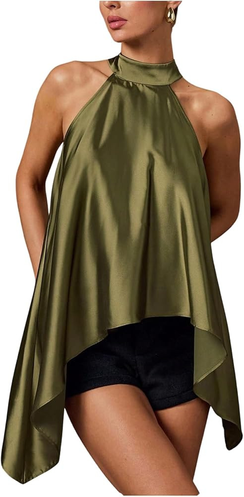 Verdusa Women's Asymmetrical Tops Satin Halter Top Sleeveless Mock Neck Going Out Outfits Club We... | Amazon (US)