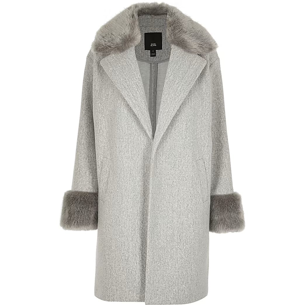 Grey faux fur collar coat | River Island (UK & IE)