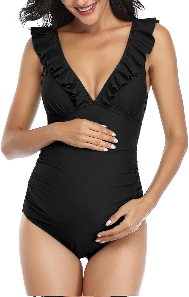 Summer Mae Maternity Swimsuit V-Neck One Piece Swimsuit Ruffled Lace Up Monokini | Amazon (US)