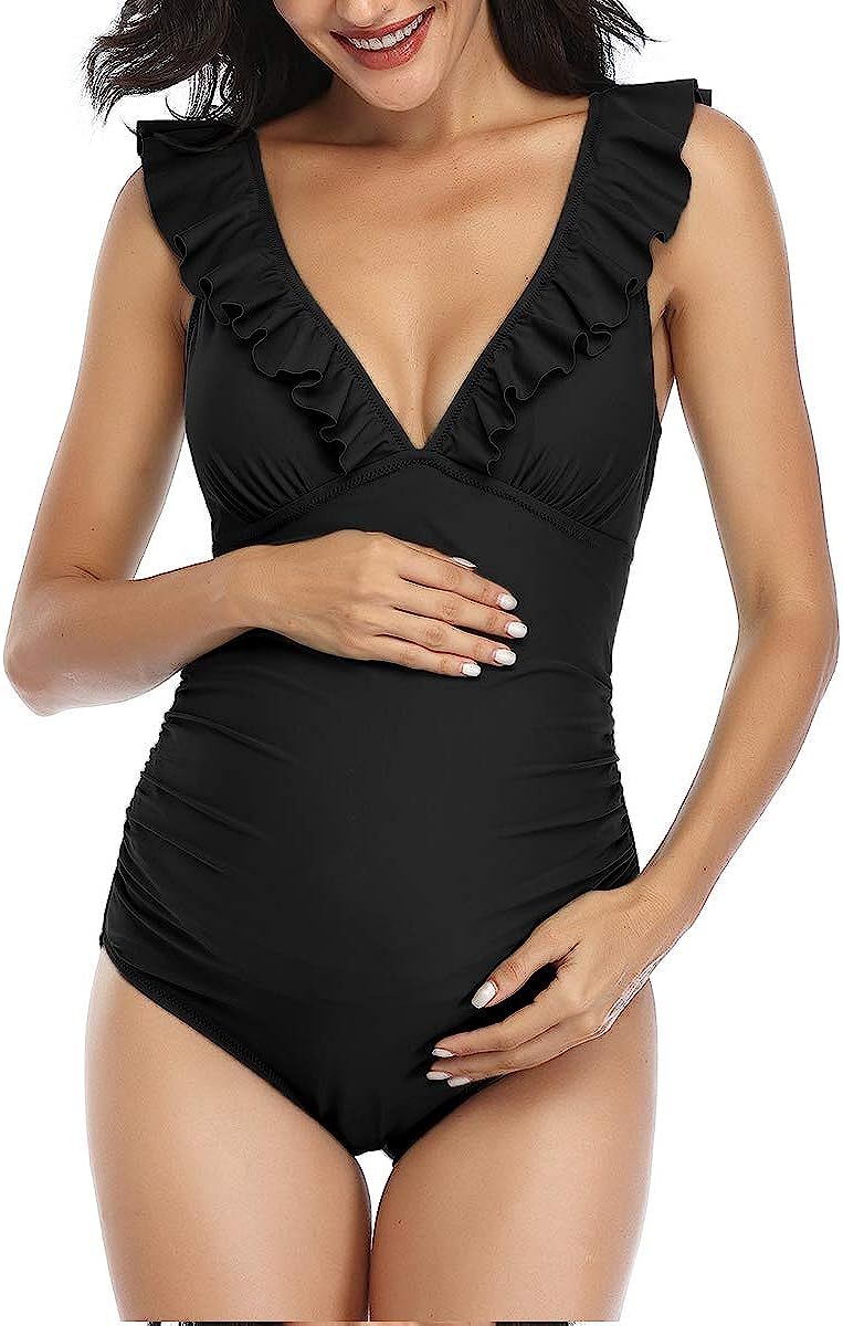 Summer Mae Maternity Swimsuit V-Neck One Piece Swimsuit Ruffled Lace Up Monokini | Amazon (US)