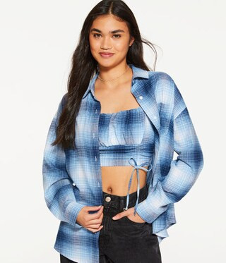 Long Sleeve Oversized Plaid Button-Down Shirt | Aeropostale