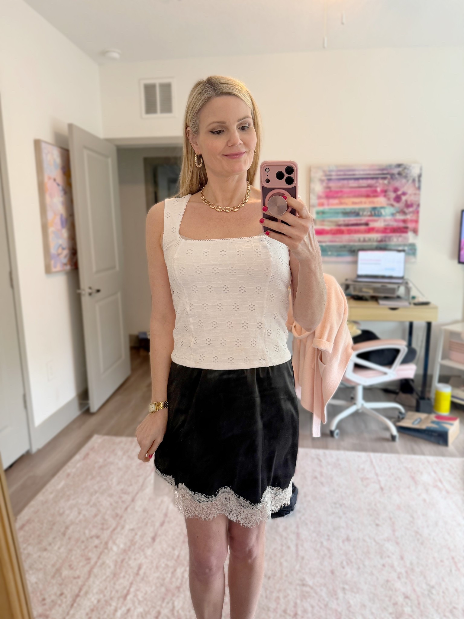 Eyelet tank top in size medium and satin and lace mini skirt in size medium  

#LTKgrwm #LTKootd #LTKOver40