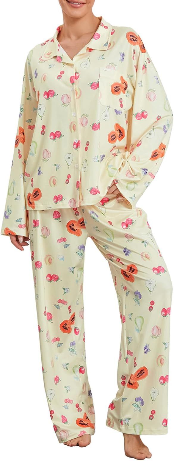 Women Y2K 2 Piece Pajamas Set Fruit Print Long Sleeve Button Shirt Tee Tops and Pants Sleepwear L... | Amazon (US)