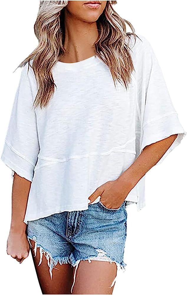Women Fashion Solid Casual Round Neck Half Sleeve Tops T-Shirt Blouse Lightweight Pullover Sweatshir | Amazon (US)