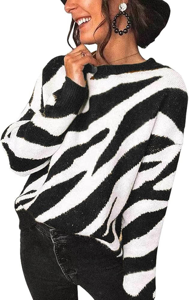 KIRUNDO Women's Sweaters Crew Neck Casual Long Sleeve Sweater Zebra Striped Print Color Block Knit S | Amazon (US)