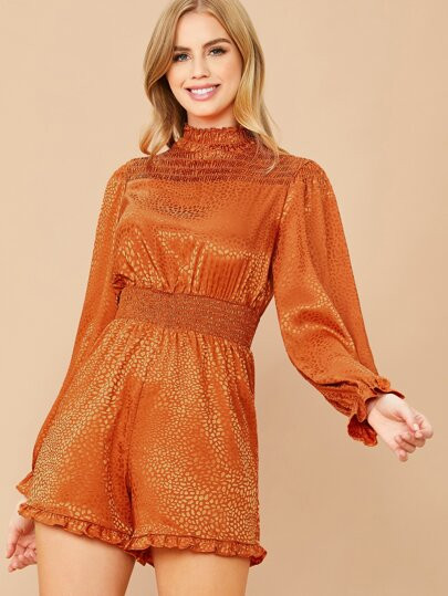 SHEIN Shirred Yoke and Waistband Jacquard Satin Romper | SHEIN