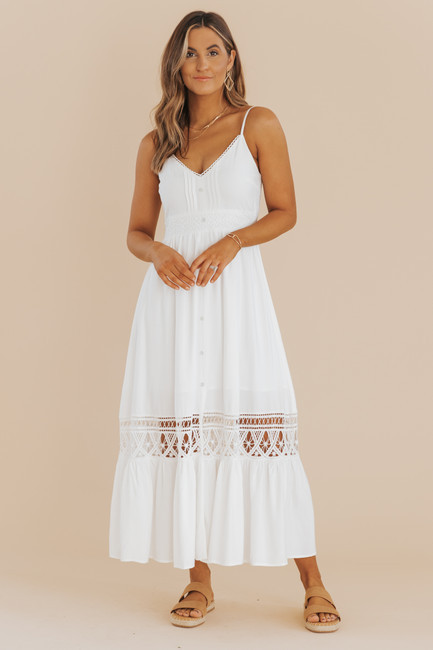 V-Neck Button Detail Crochet White Maxi | Magnolia Boutique