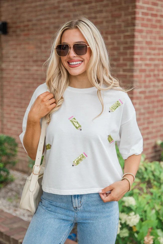 Study Break Green Pencil Patch Ivory T-Shirt | Pink Lily
