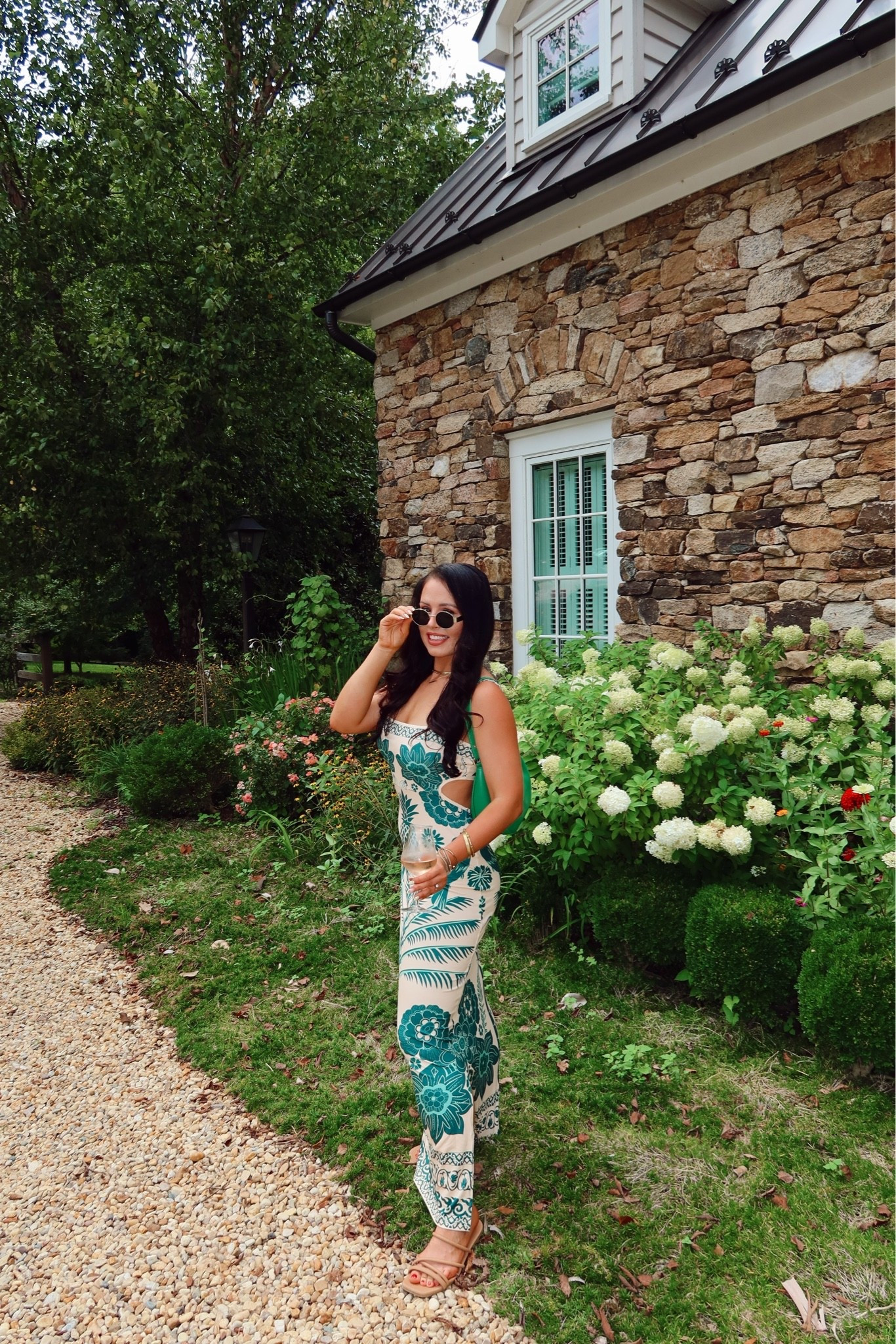 Amazon tropical cutout maxi dress (medium), Amazon $10 sandals, oval sunglasses and green purse

#LTKSaleAlert