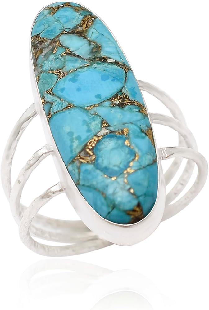 925 Sterling Silver Natural Green And Blue Copper Turquoise Long Oval Statement Ring for Women Ha... | Amazon (US)