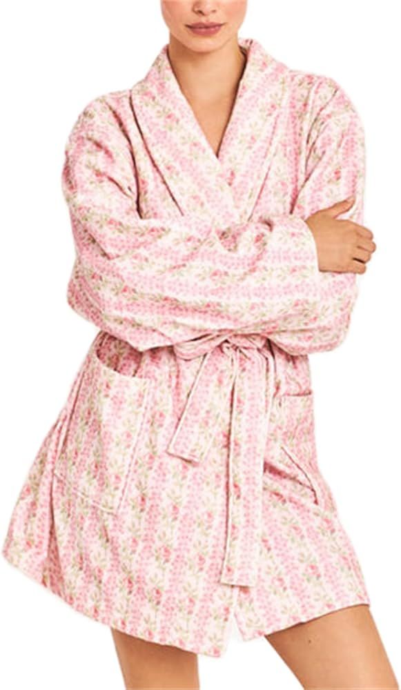 Women Y2k Fruit Plush Robe Floral Print Shawl Collar Open Front Bathrobe with Belt Spa Kimono Nig... | Amazon (US)
