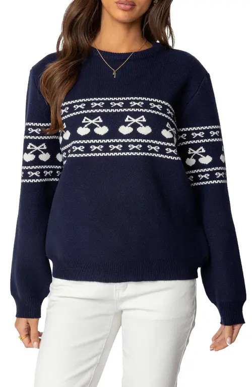 EDIKTED Holiday Cheer Hearts & Bows Fair Isle Crewneck Sweater in Navy at Nordstrom, Size Small | Nordstrom