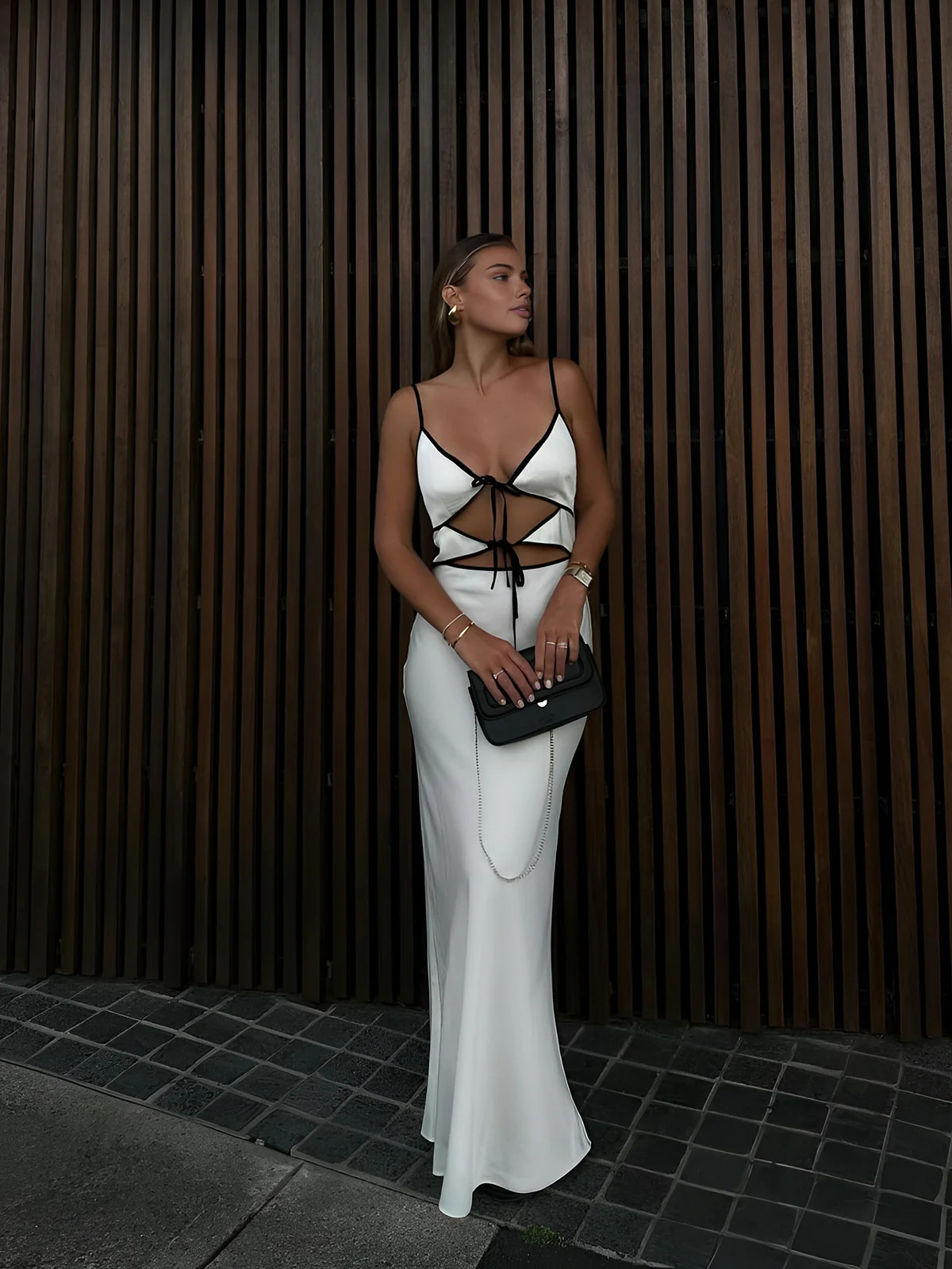 Semi-Sheer Contrast Trim Tie-Front Long Dress | Commense