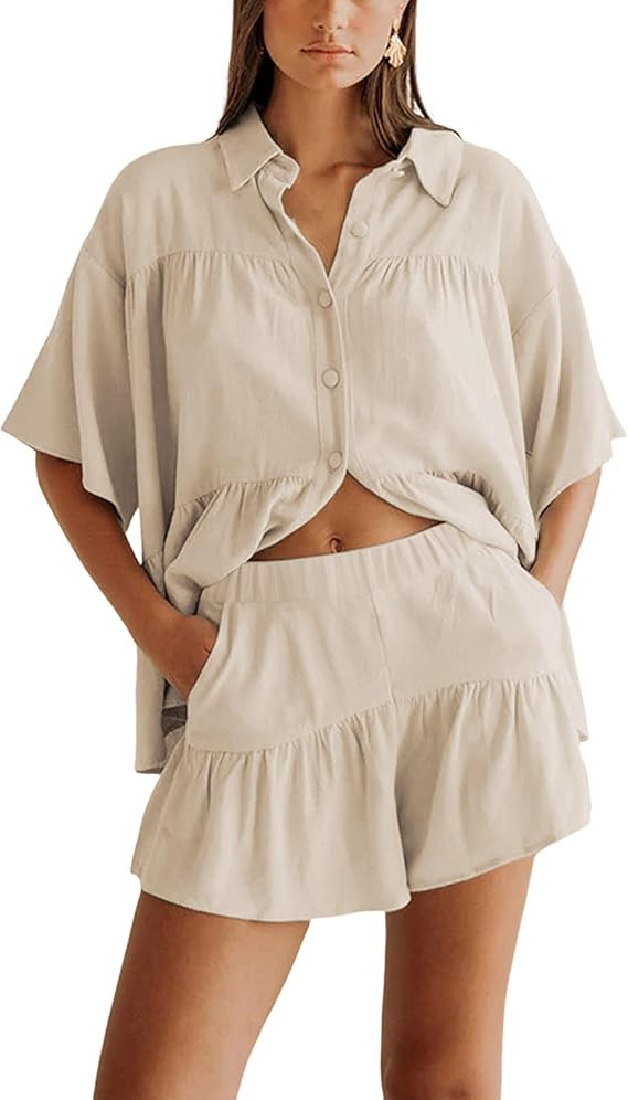 Qiaomai Womens 2 Piece Outfits Summer Ruffled Shirt and High Waist Shorts Matching Set | Amazon (US)