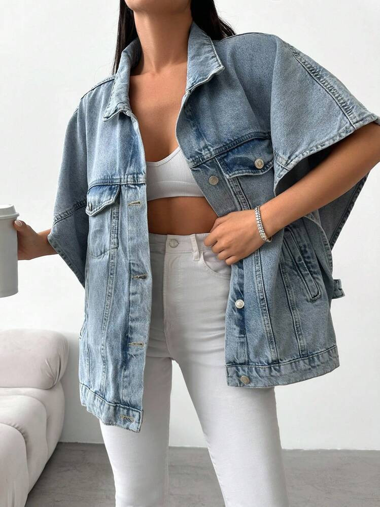 ZIRRA Women's Summer Casual Washed Flip Cover Pocket Loose Front Button Denim Jacket | SHEIN