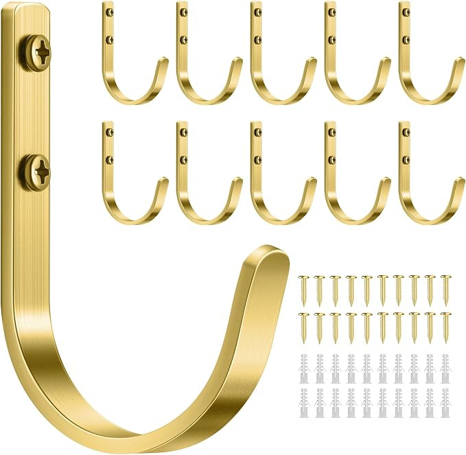 10 Pack 22LB Wall Hooks for Hanging Towel/Coat, Brushed Gold | Screw in Metal Hanger Wall Mount, ... | Amazon (US)