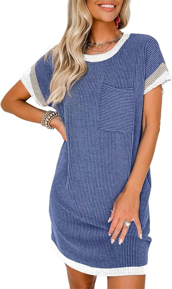 Acelitt Womens Casual Summer Crewneck Short Sleeve Ribbed Mini Tshirt Dress, XS-3XL | Amazon (US)