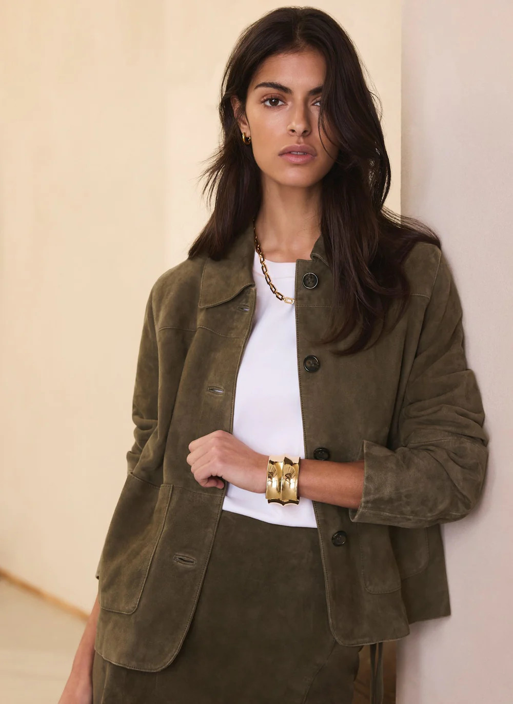 Khaki Suede Jacket | Mint Velvet