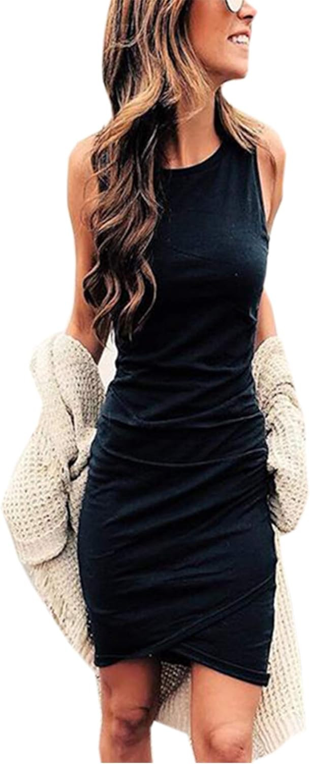 BTFBM Women Casual Crew Neck Ruched Sleeveless Tank Bodycon 2020 Shirt Short Mini Dresses | Amazon (US)