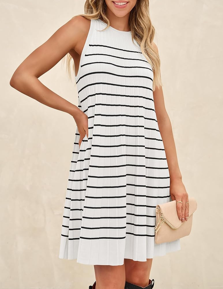 ZESICA Women's 2024 Summer Sleeveless Tank Dress Crewneck Striped Knit Pleated A Line Casual Shor... | Amazon (US)