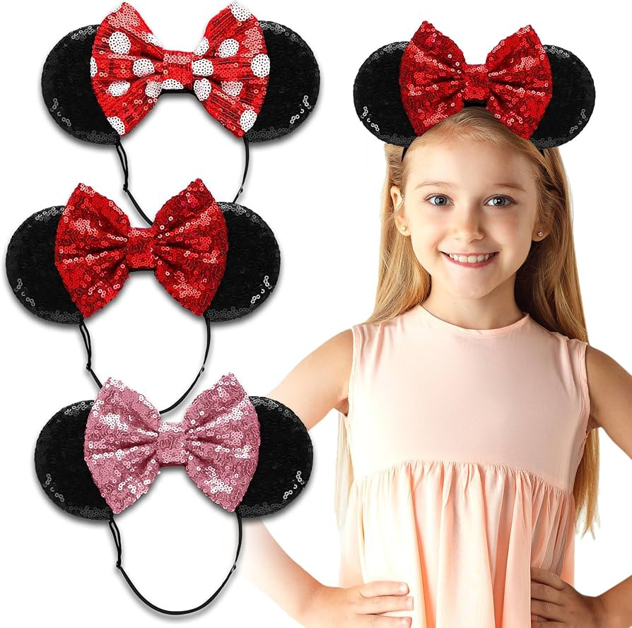 SAMARKAND Minnie Ears Headbands, 3PCS Shiny Sequin Bow - Elastic and Adjustable Headband Headache... | Amazon (US)