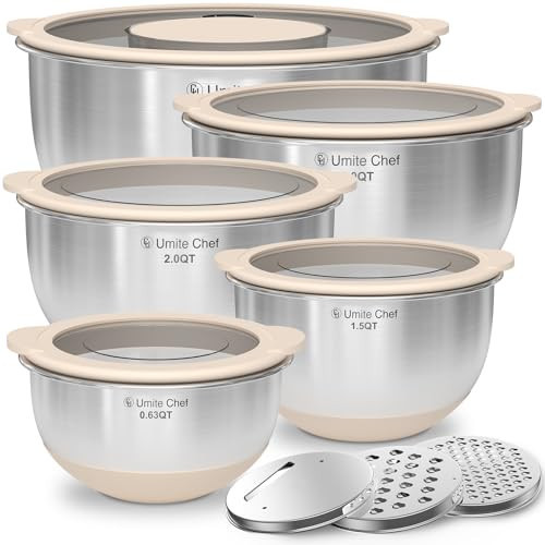 Mixing Bowles Set with Lids Set - Warp-Proof TPR-AS Lids, Stainless Steel Mixing Bowl with 3 Graters & Measuring Lines, Non-Slip Bowls for Baking, Prep, Airtight Food Storage (Khaki 5/3/2/1.5/0.63QT) | Amazon (US)