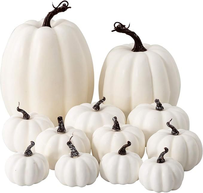 Amazon.com: Oyydecor 12Pcs Assorted Sizes Artificial Pumpkins Decoration Harvest Fall White Pumpk... | Amazon (US)