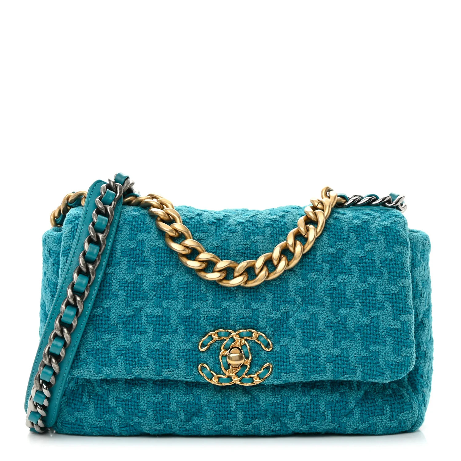 Tweed Quilted Medium Chanel 19 Flap Turquoise | FASHIONPHILE (US)