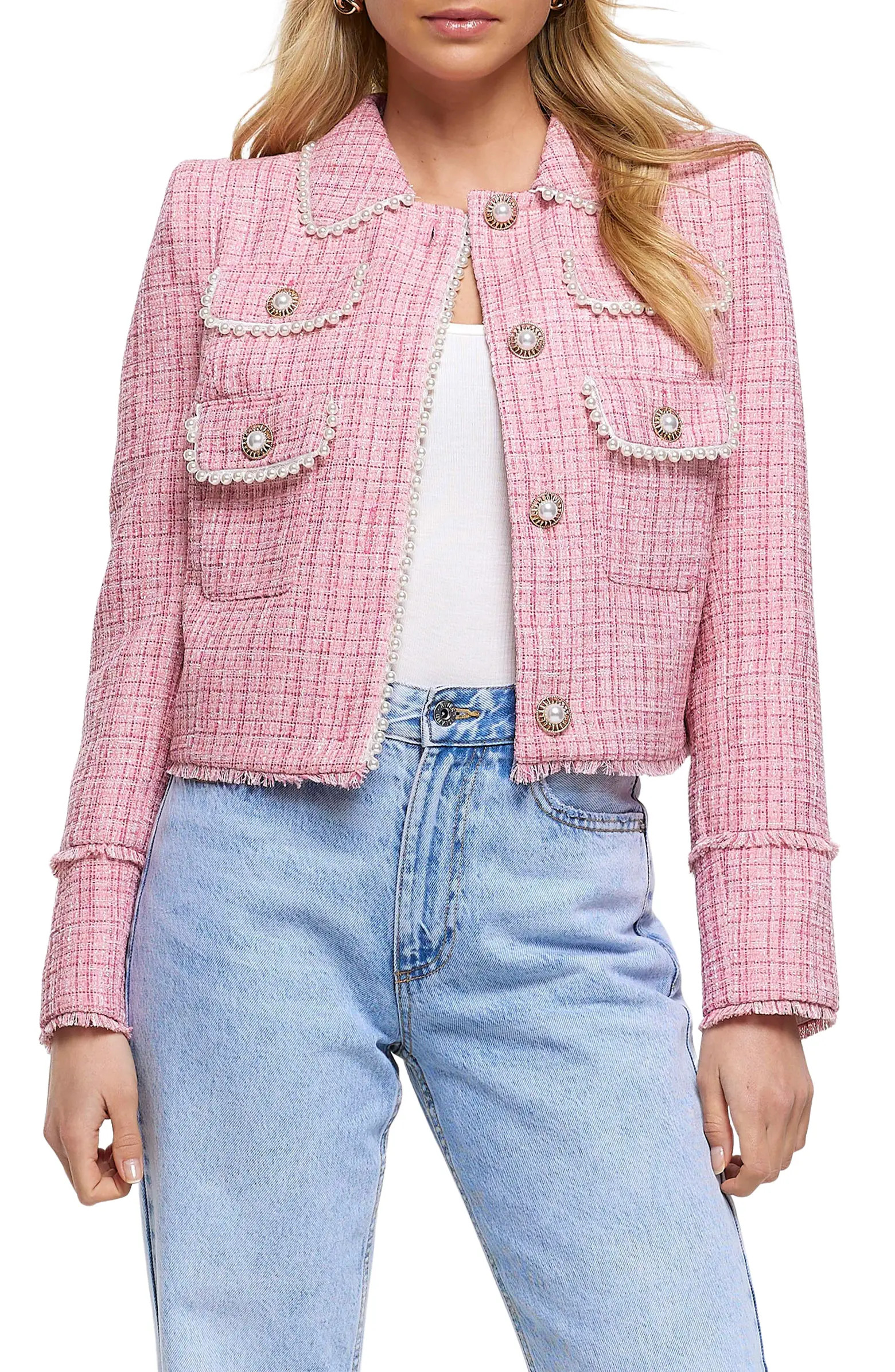 Faux Pearl Crop Bouclé Blazer | Nordstrom