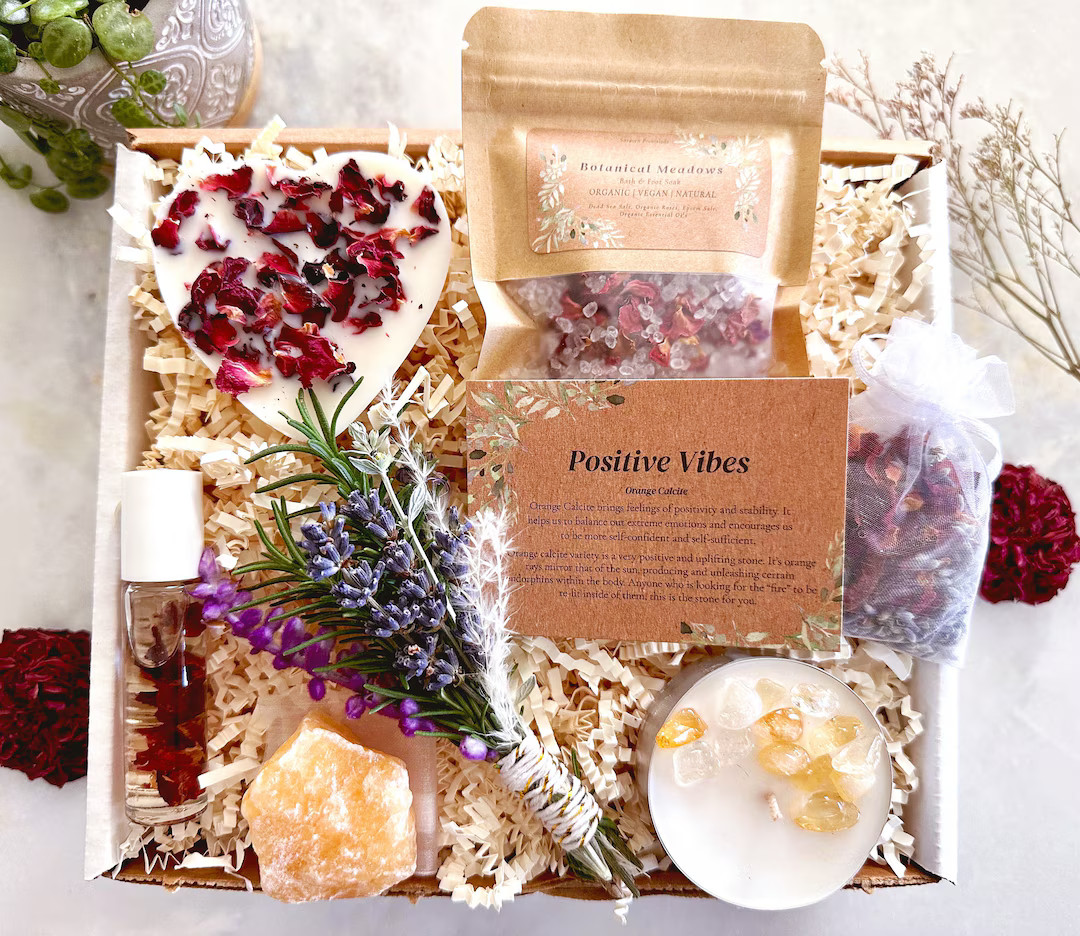 Positive Vibes Floral Crystal Gift Box, Mental Health Self-Care Package, Organic Love and Support... | Etsy (US)
