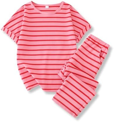 Girls Clothes 2 Piece Striped Short Sleeve T-Shirt & Pants Spring Summer Casual Outfits for Teen ... | Amazon (US)