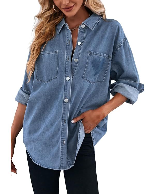 Women's Casual Button Down Denim Shirt Long Sleeve Boyfriend Oversized Jean Jacket with Pockets | Amazon (US)