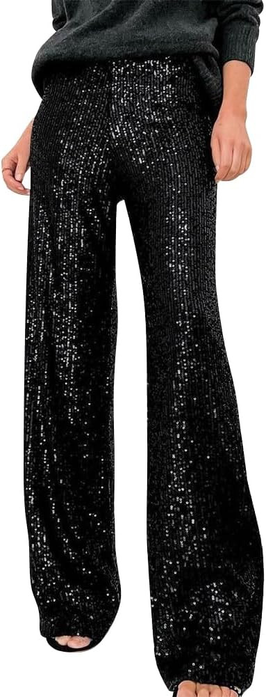 ODIZLI Womens Wide Leg Sparkle Sequin Pants Elastic High Waisted Bling Glitter Dance Pants | Amazon (US)