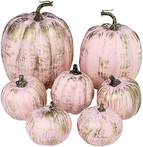 7 Pcs Assorted Artificial Gold Brushed Pink Pumpkins Rustic Decorative Pumpkins Foam Pumpkins for... | Amazon (US)