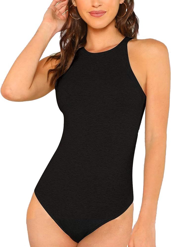 Milumia Women Skinny Halter Bodysuit Mid Waist Solid Fitted Tank Shapewear Romper Top | Amazon (US)