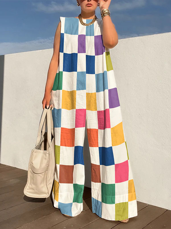 mirazshoes Loose Sleeveless Contrast Color Plaid Shoulder Pad Jumpsuits - Loose Sleeveless Contrast Color Plaid Shoulder Pad Jumpsuits | Shop.app