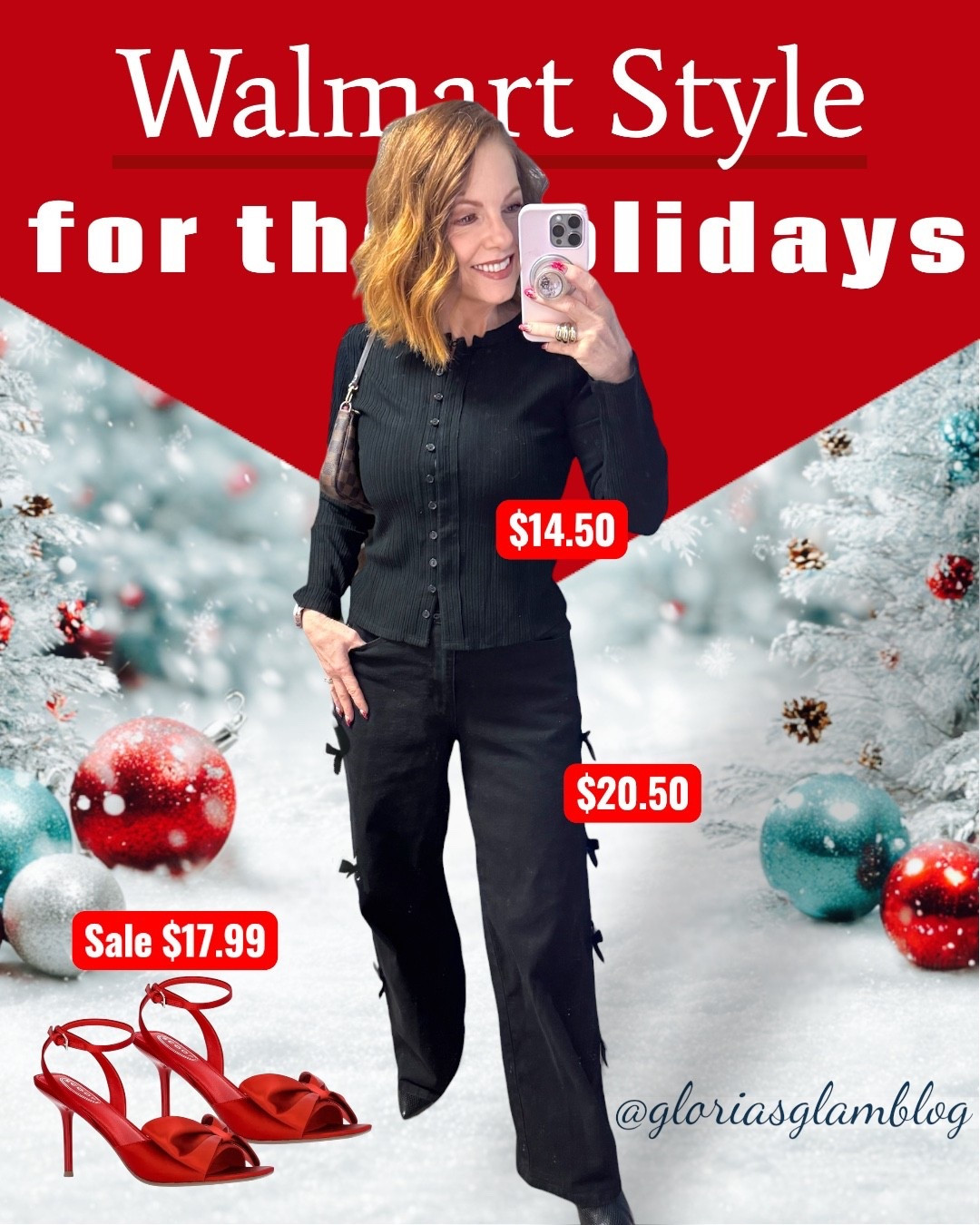 Casual Walmart fashion for the holidays! ❤️🎄 These jeans 👖 with the bows are adorable! Add the red heels 👠 with a bow and is perfection! 

#walmartpartner #walmartfashion

#LTKootd #LTKHoliday #LTKSeasonal