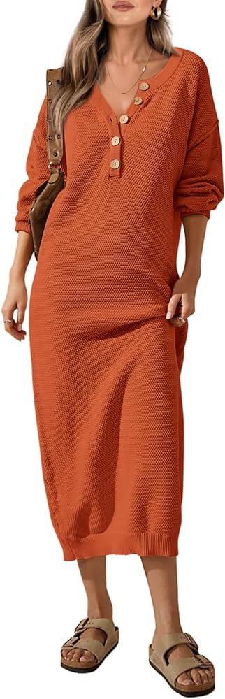 Women's 2023 Fall Knit Sweater Dress Long Sleeve Button V Neck Loose Casual Maxi Dresses | Amazon (US)