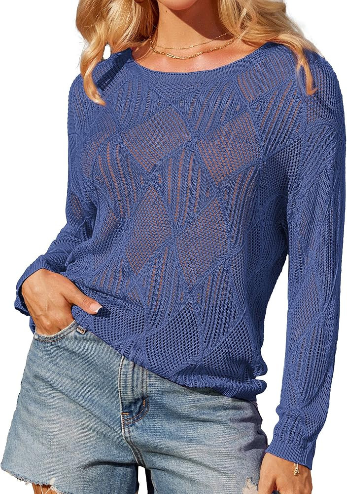 GRACE KARIN Women's 2025 Spring Summer Long Sleeve Crochet Pullover Sweater Hollow Out Knit Tops ... | Amazon (US)