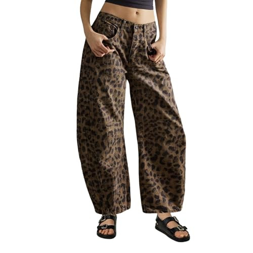 Mid Rise Leopard Print Barrel Jeans for Women Stylish Boyfriend Wide Leg Baggy Denim Pants Trendy Printed Pants (Dark Leopard,Small,Small) | Amazon (US)