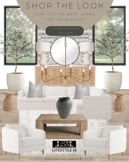 Modern farmhouse, transitional living room idea. Wood coffee table, rattan cane weave end table, white sectional sofa, grey throw pillow, farmhouse rug, terracotta grey vase, white armchairs, terracotta tree planter pot, realistic fake tree, wood cane console table, white ceramic table lamp, brass living room chandelier, round mirror.

#LTKstyletip #LTKFind #LTKhome